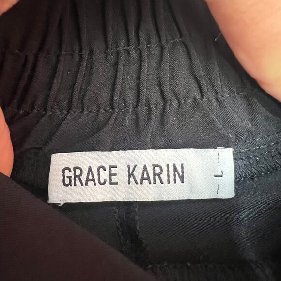 Grace Karin Black Paperbag Dress Pants Size L Bow Cuffs Ruched Waist Stretchy - Picture 5 of 10